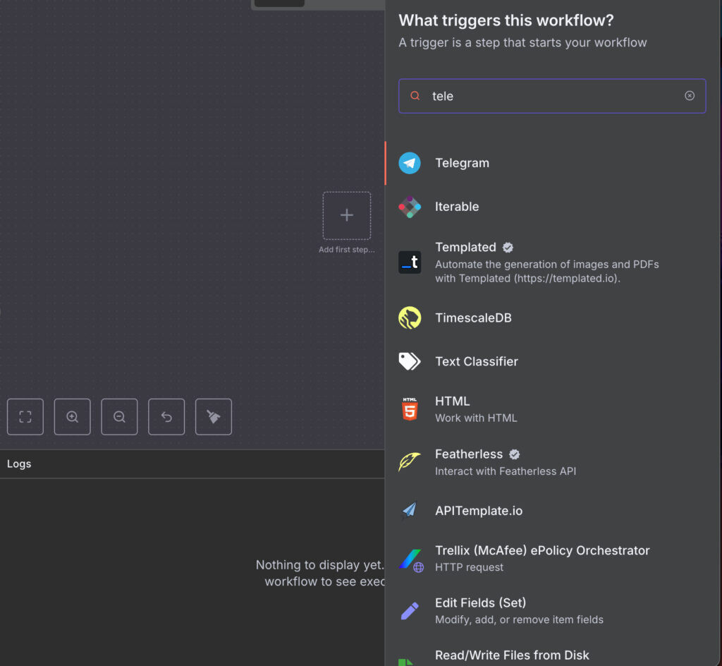 Выбираем телеграм в n8n нодах