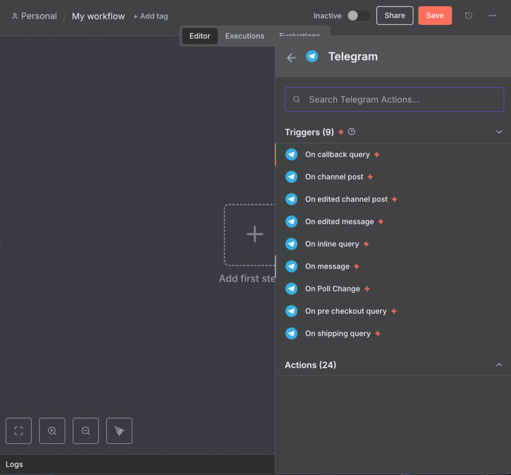 Выбираем On Message в n8n