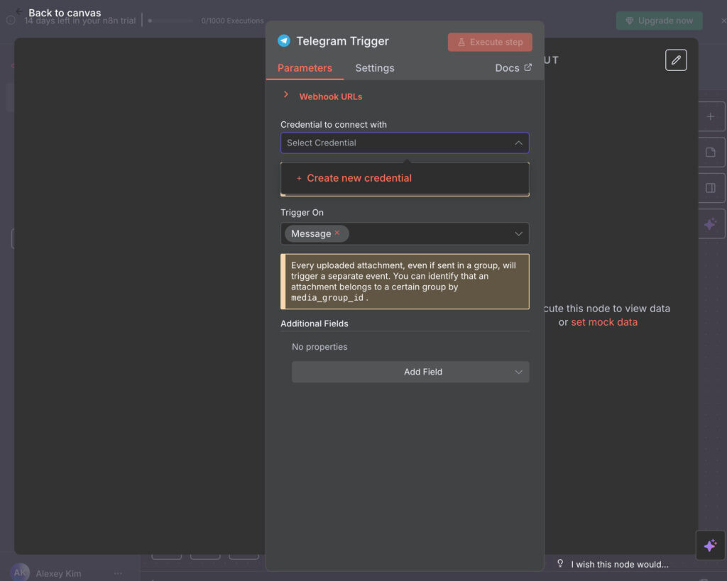 Выбираем подключения в телеграм в n8n