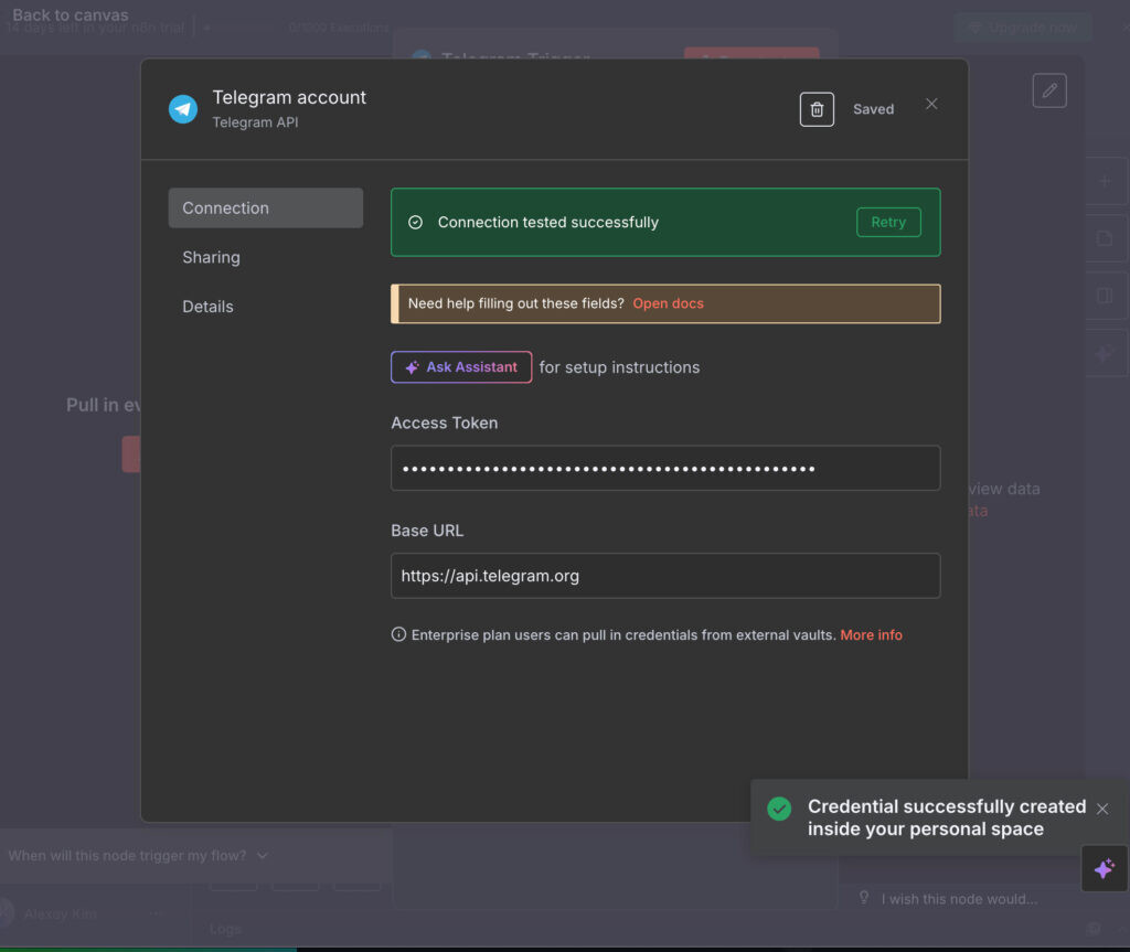 Вводим ключ от телеграм в n8n