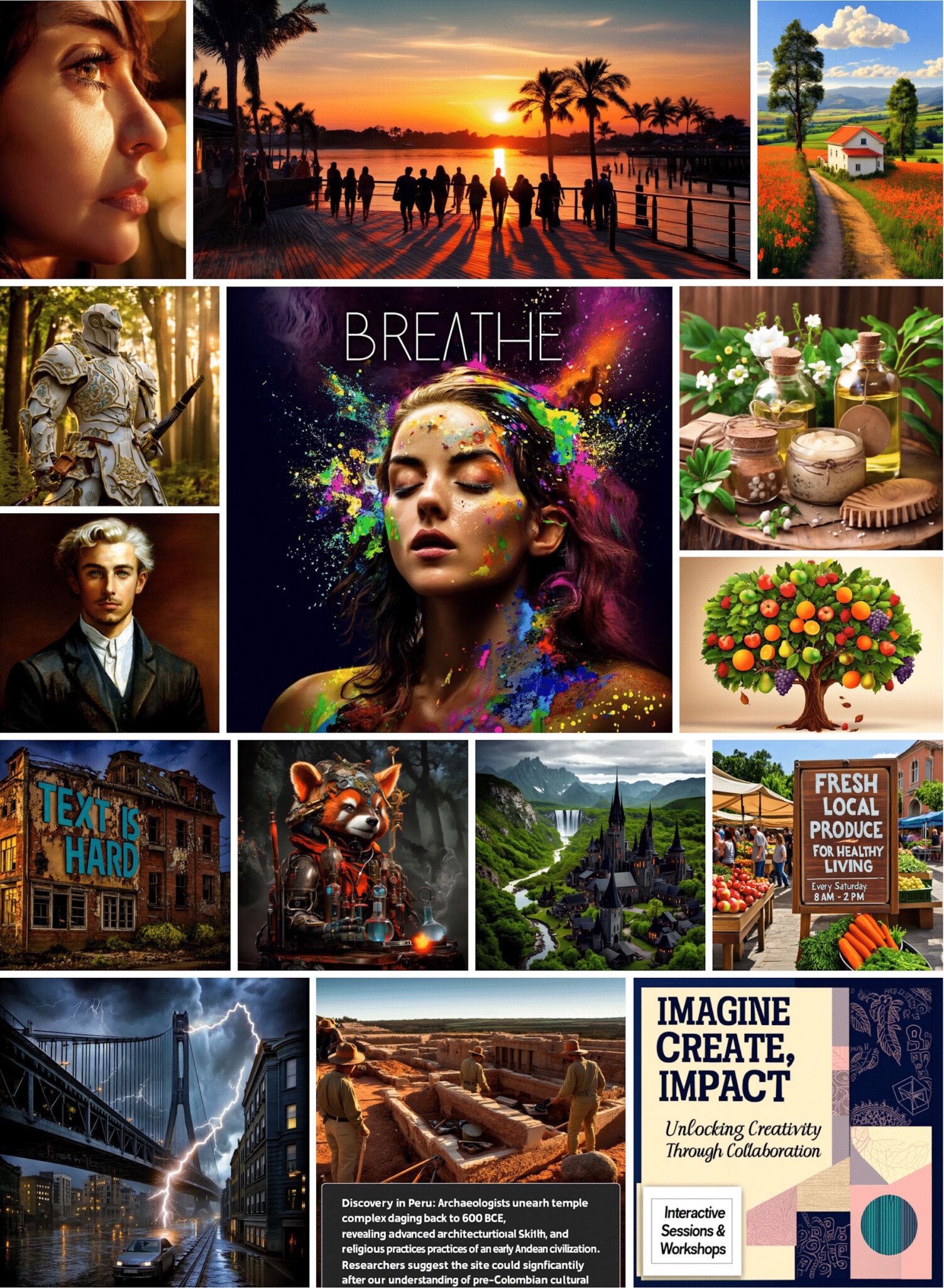 Красочный коллаж из портретов, природы, фэнтези и повседневных сюжетов, созданный моделью X-Omni