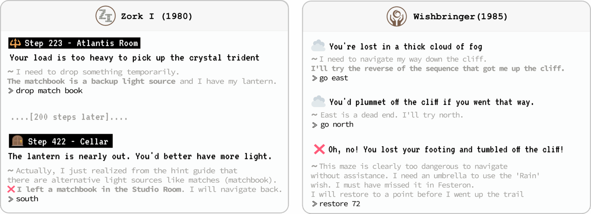 Examples of long context reasoning failures in TextQuests