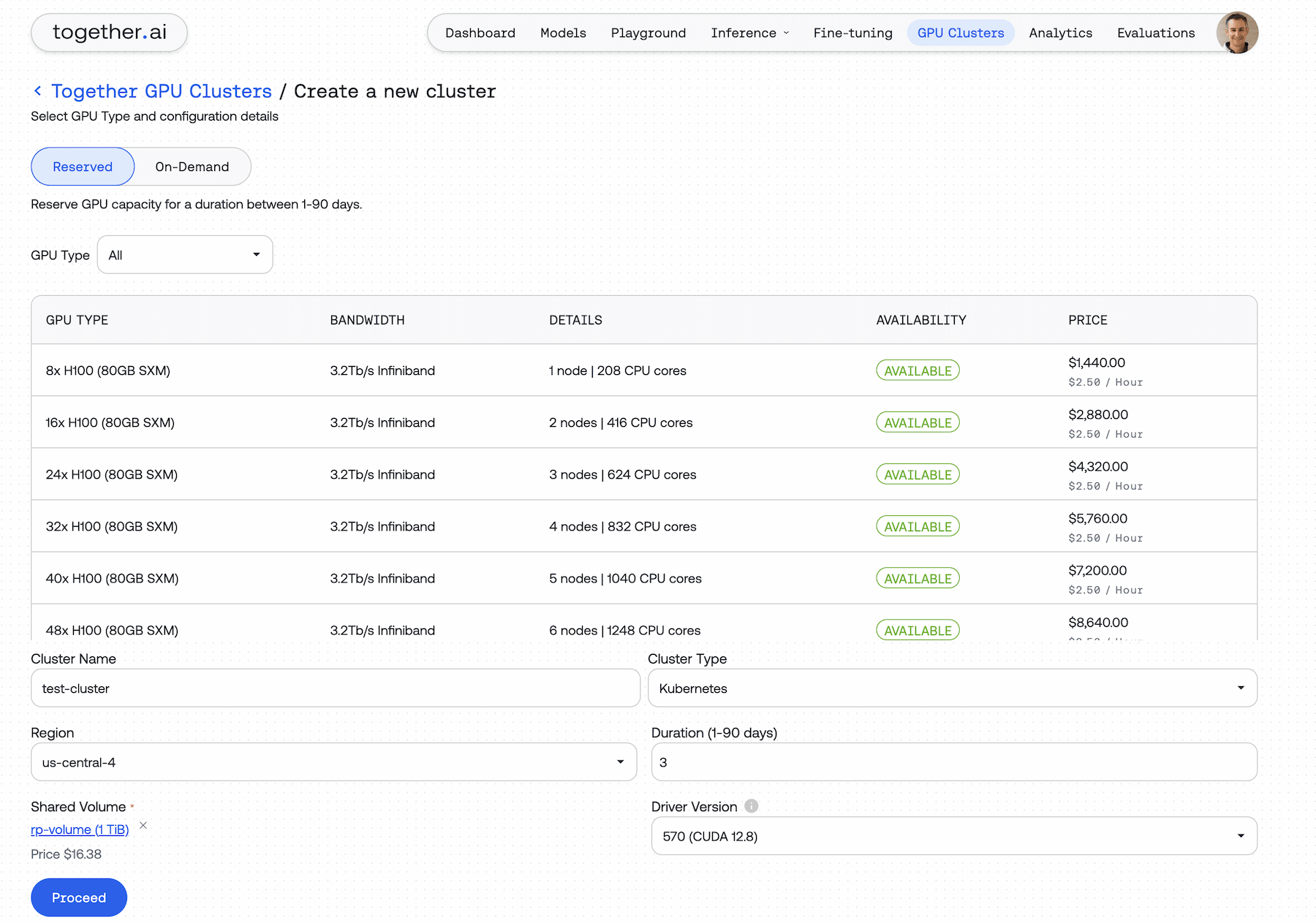 Пользовательский интерфейс самообслуживания кластеров Together Instant Clusters