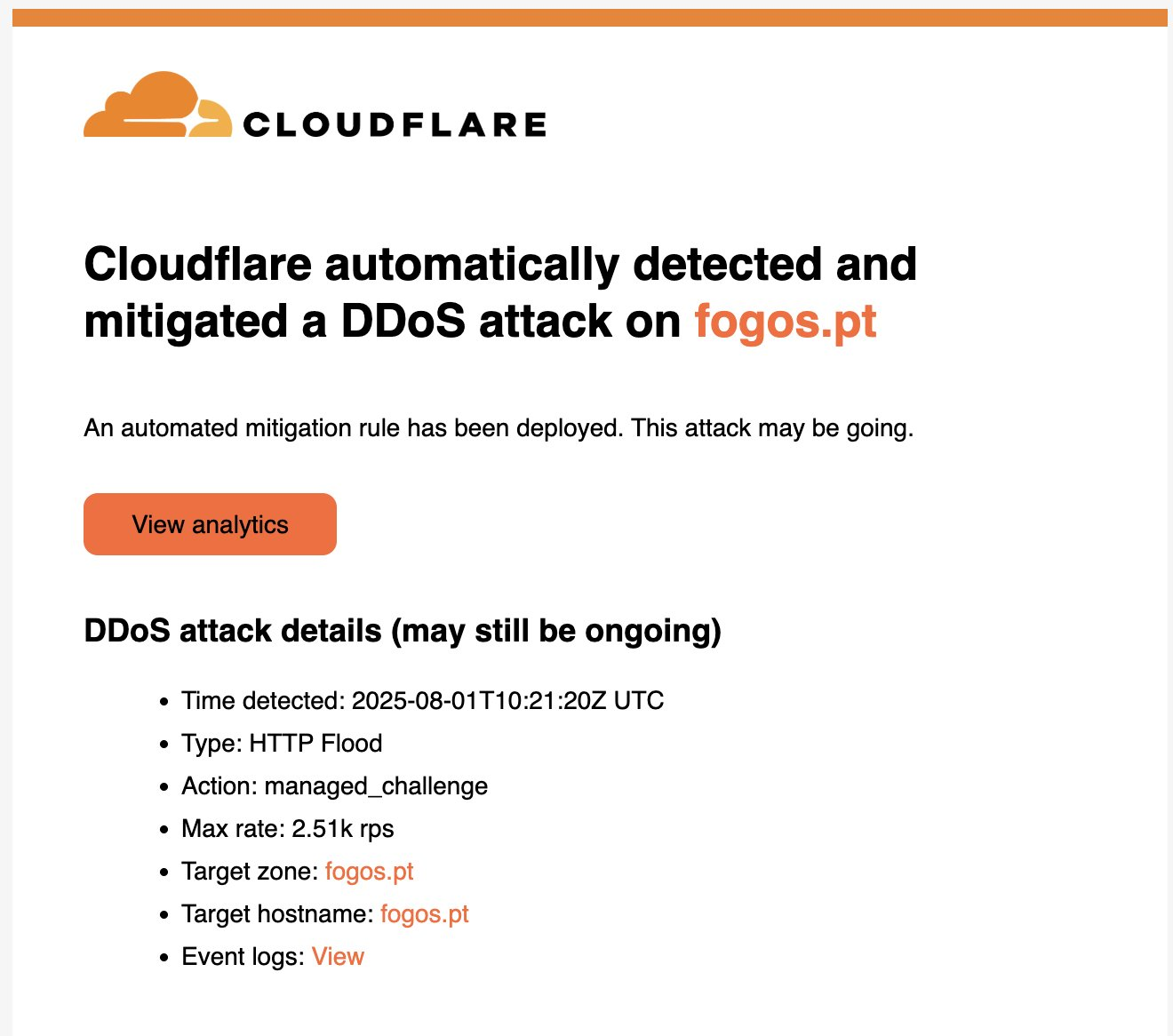 Оповещение о получении DDoS-атаки сайтом fogos.pt