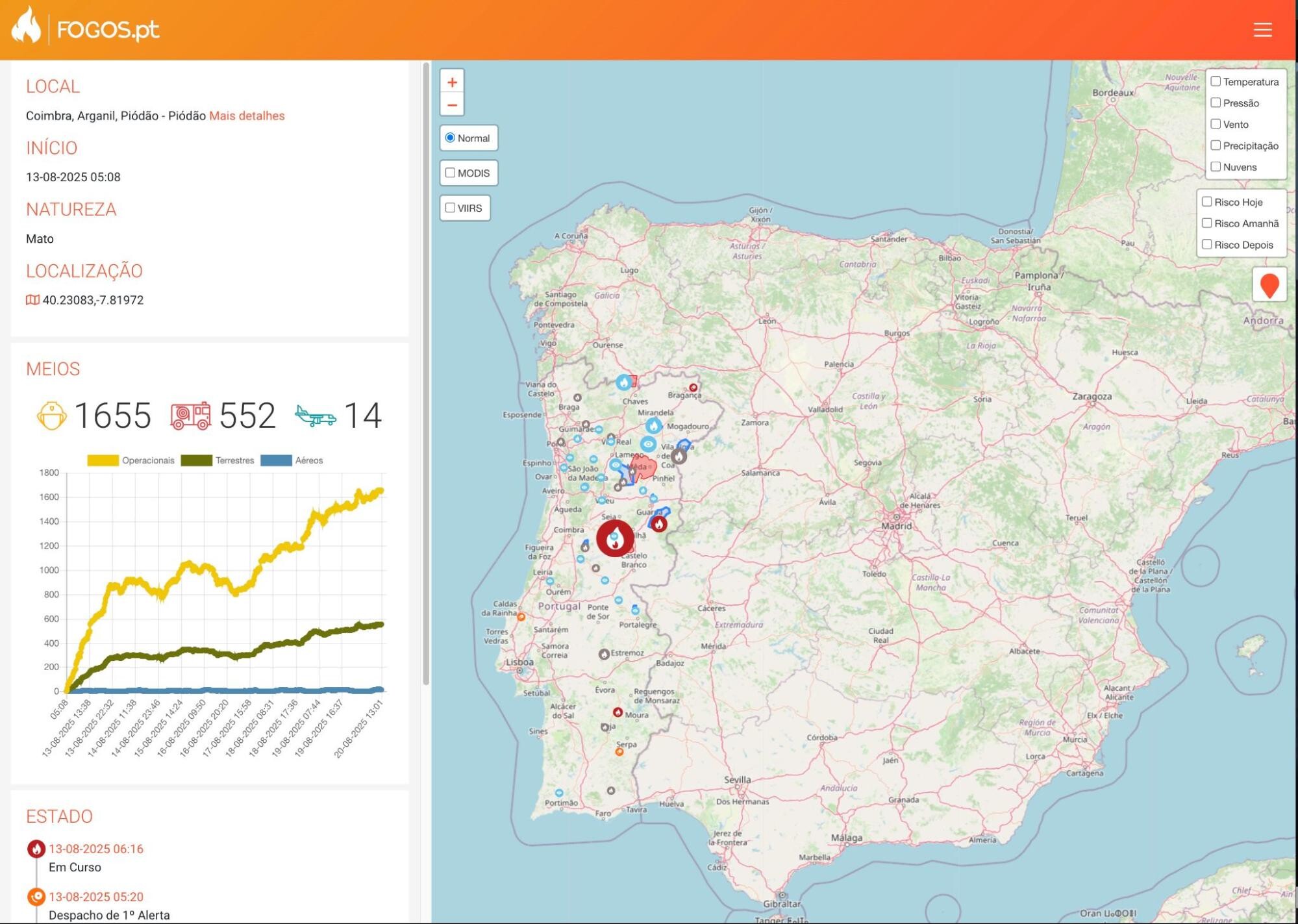 Главная страница сайта Fogos.pt с отображением лесного пожара около деревни Пьода̃н в Португалии