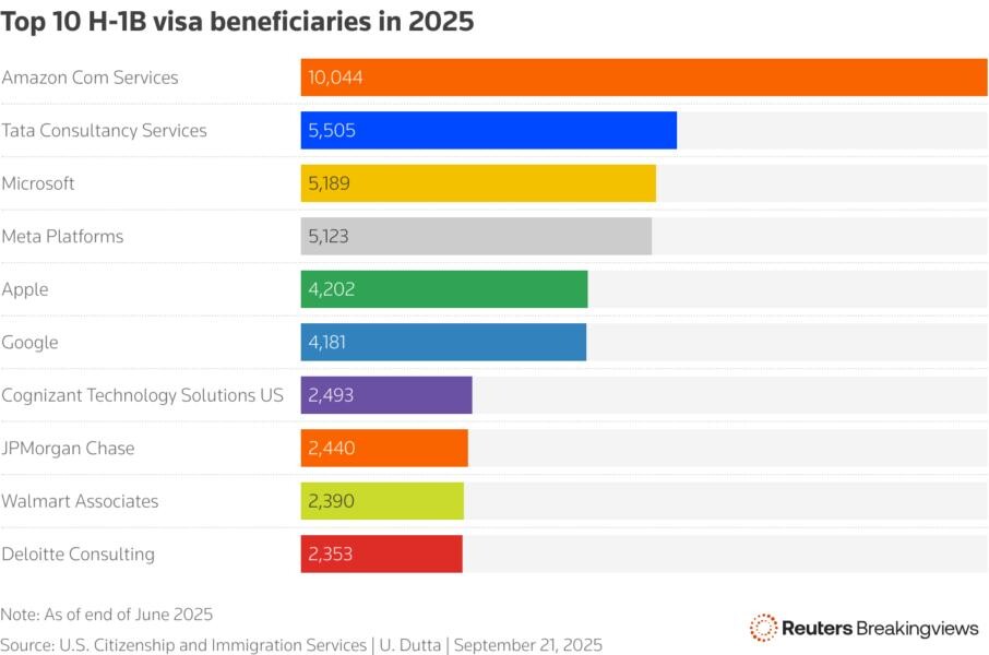 Диаграмма с топ-10 компаний, получивших больше всего виз H-1B в 2025 году