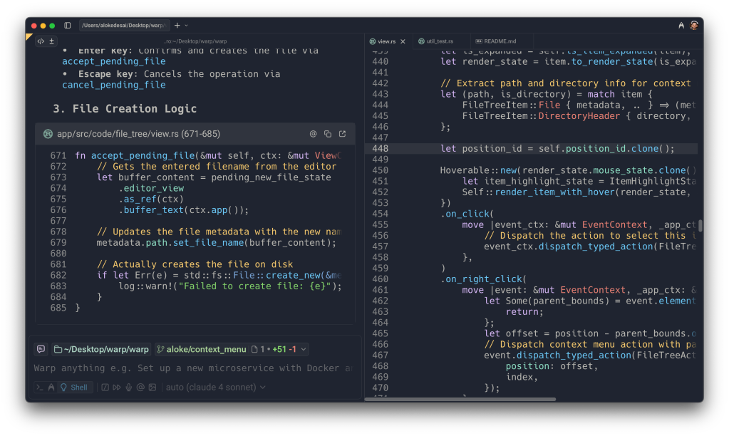 Интерфейс файлового редактора Warp с новыми функциями отслеживания изменений (diff)
