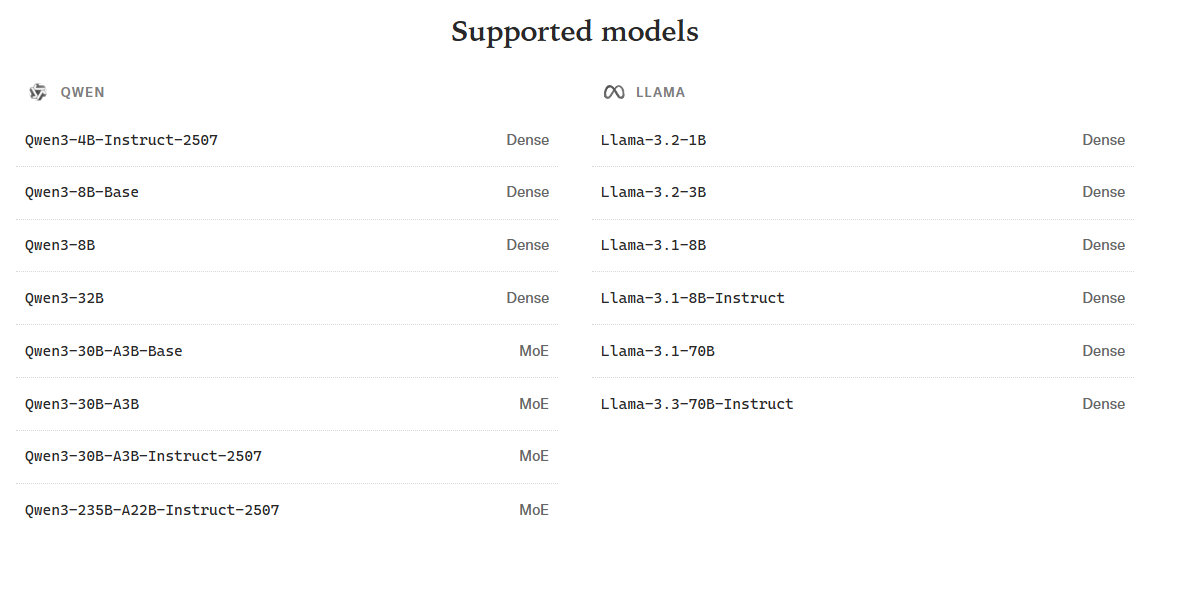 Поддерживаемые Tinker открытые модели Meta и Alibaba, включая Qwen-235B-A22B