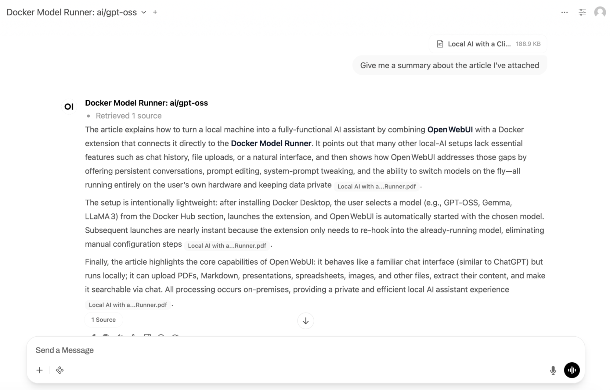 Интерфейс загрузки файлов в Open WebUI для общения с документами