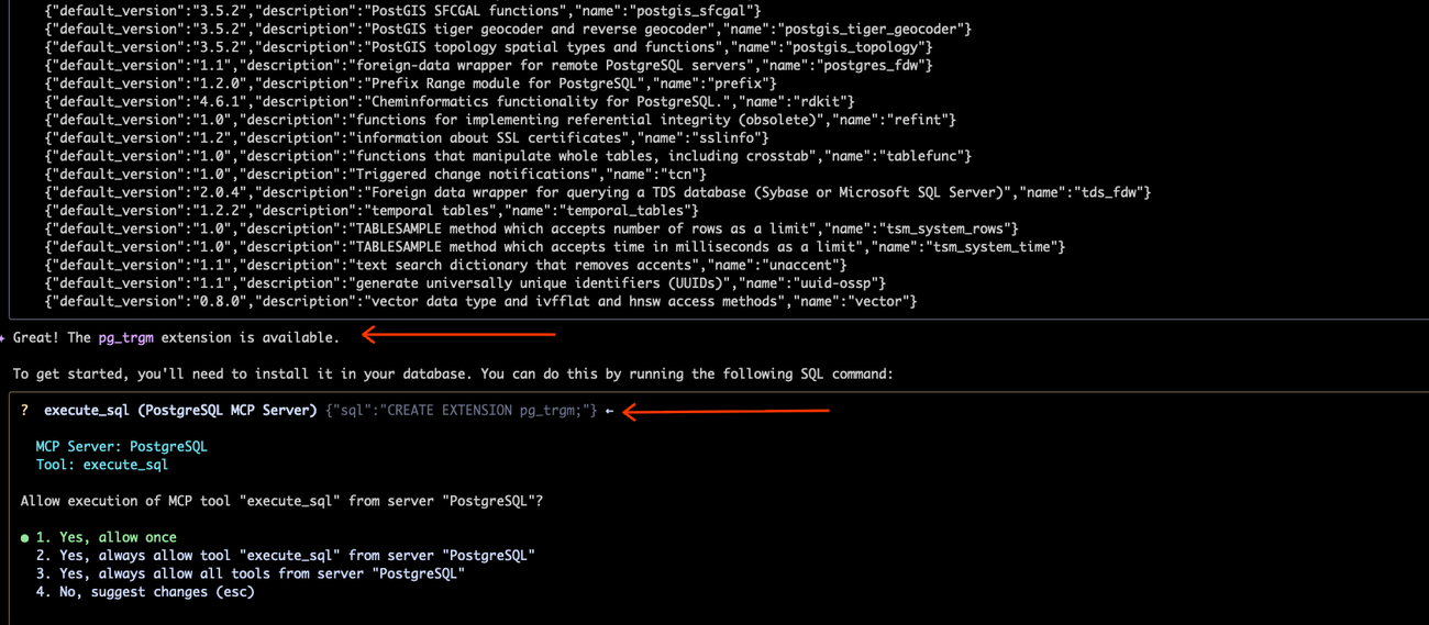 Gemini CLI проверяет установленные расширения и устанавливает pg_trgm для базы данных PostgreSQL