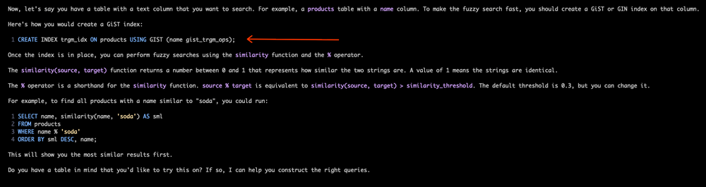 Интерфейс командной строки Gemini показывает пример кода запроса нечёткого поиска для базы данных PostgreSQL