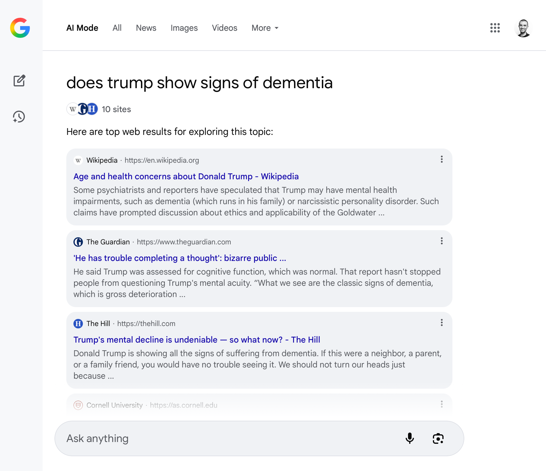 Режим ИИ показывает только веб-результаты по запросу о деменции Трампа