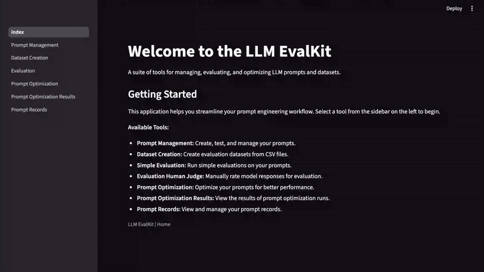 Демонстрация интерфейса LLM-Evalkit с рабочим процессом инженерии промптов