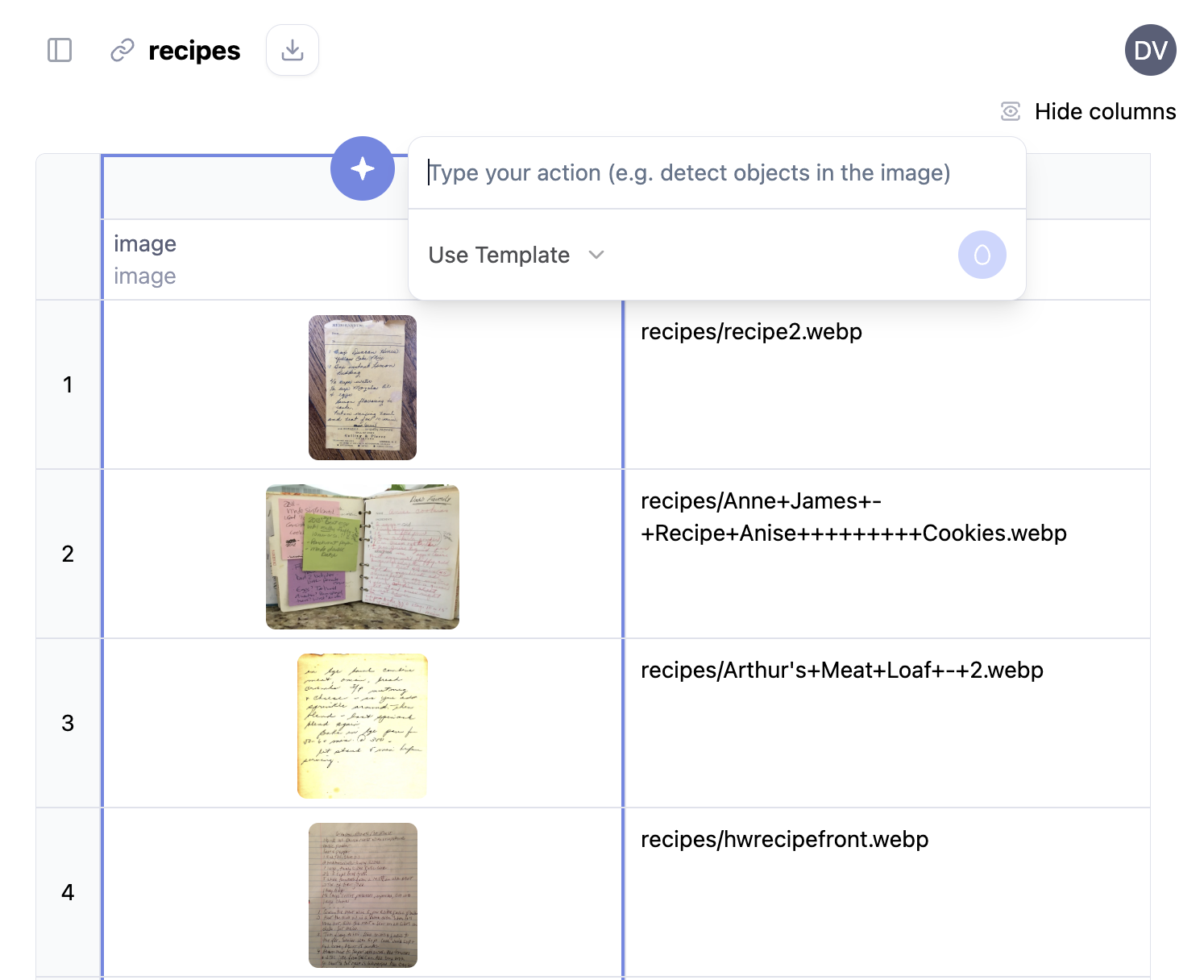 Наложение столбца AI Sheets с меню действий искусственного интеллекта