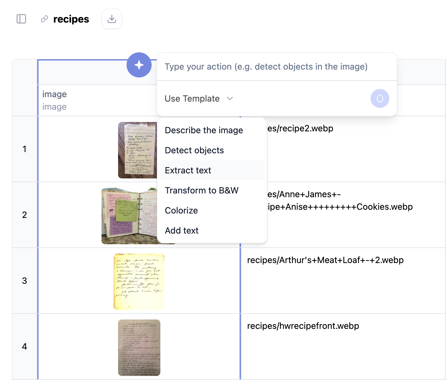 Шаблон AI Sheets для извлечения текста из изображений