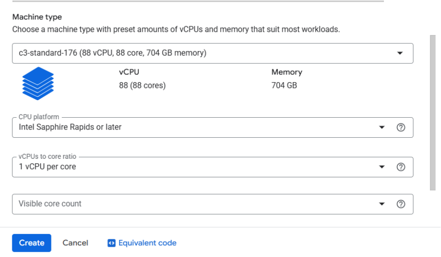 Настройки конфигурации виртуальной машины C3 в консоли Google Cloud