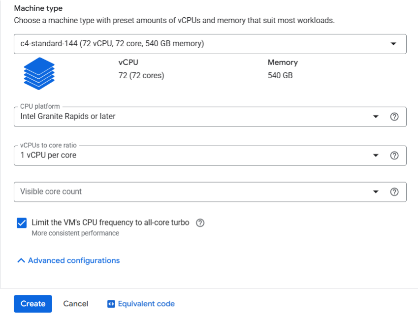 Настройки конфигурации виртуальной машины C4 в консоли Google Cloud