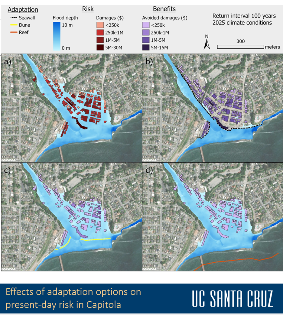 Карты рисков наводнений, показывающие преимущества стратегий адаптации в Капитоле, Калифорния