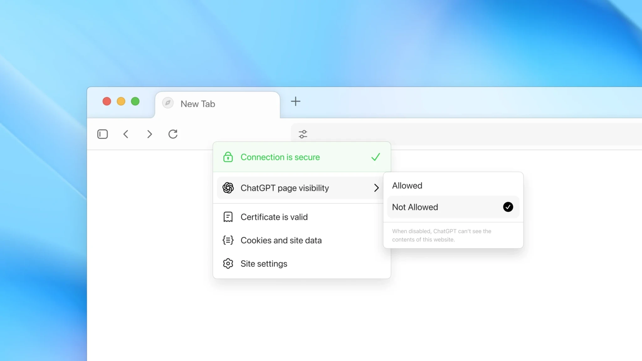 Выпадающее меню безопасности браузера с настройками видимости страницы ChatGPT