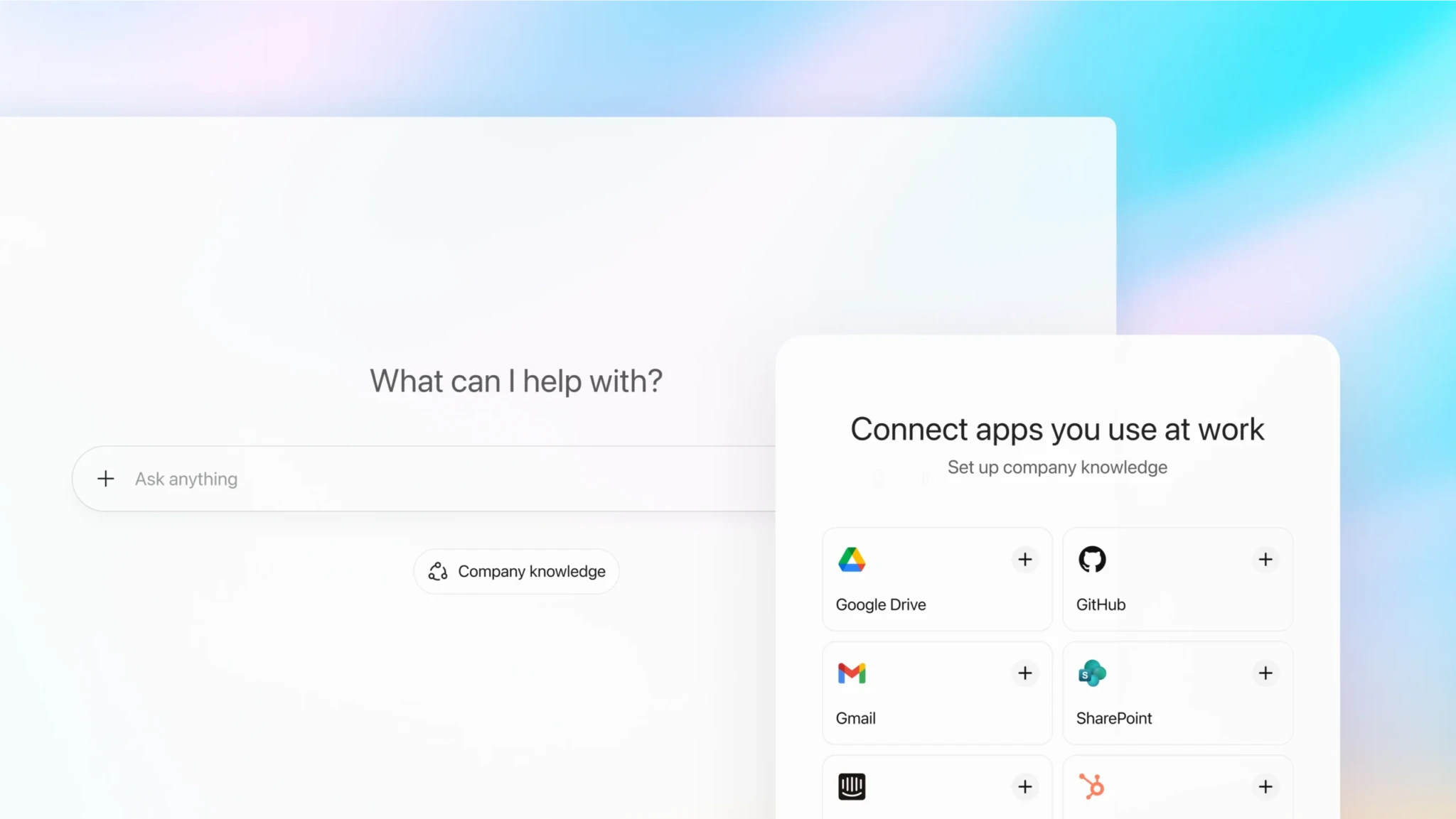 Интерфейс ChatGPT с панелью настройки Company Knowledge и опциями интеграции приложений