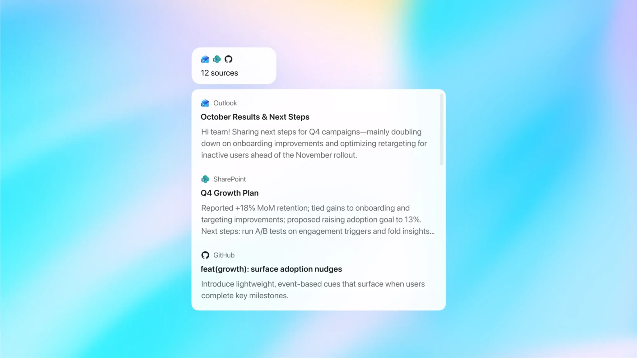Интерфейс ChatGPT показывает подключенные рабочие источники и предпросмотр контента
