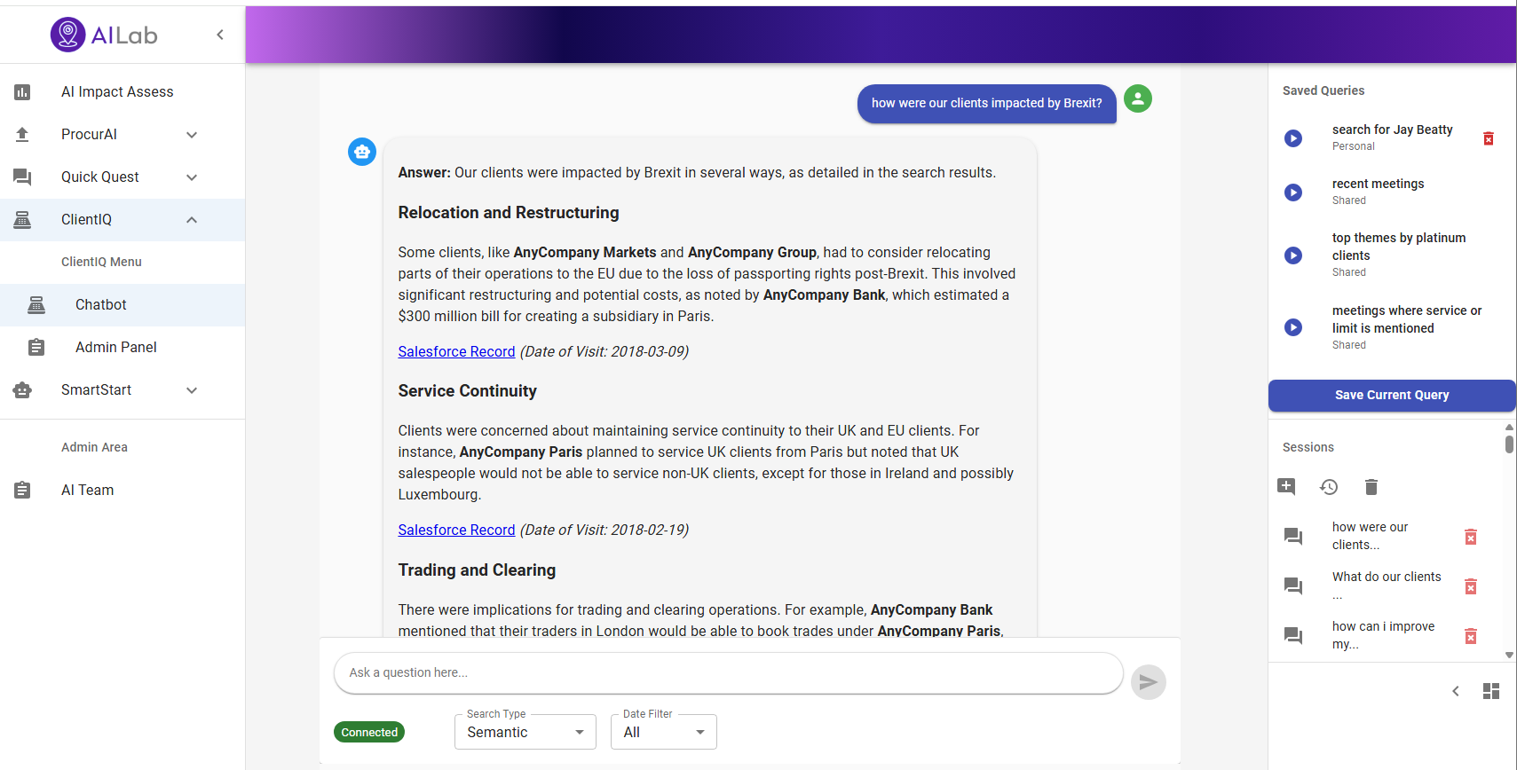 Интерфейс аналитической системы Client IQ с вопросом и готовым ответом