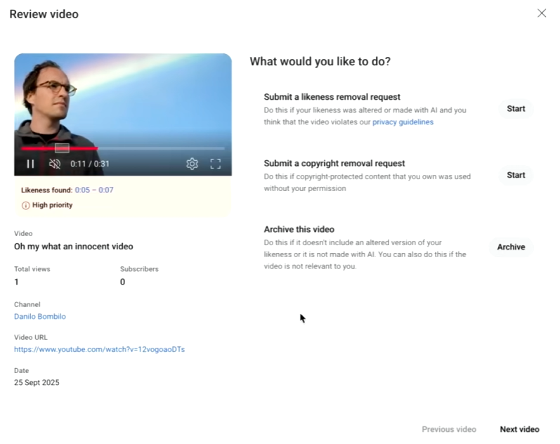 Интерфейс системы YouTube для обнаружения AI-подделок и цифровых двойников