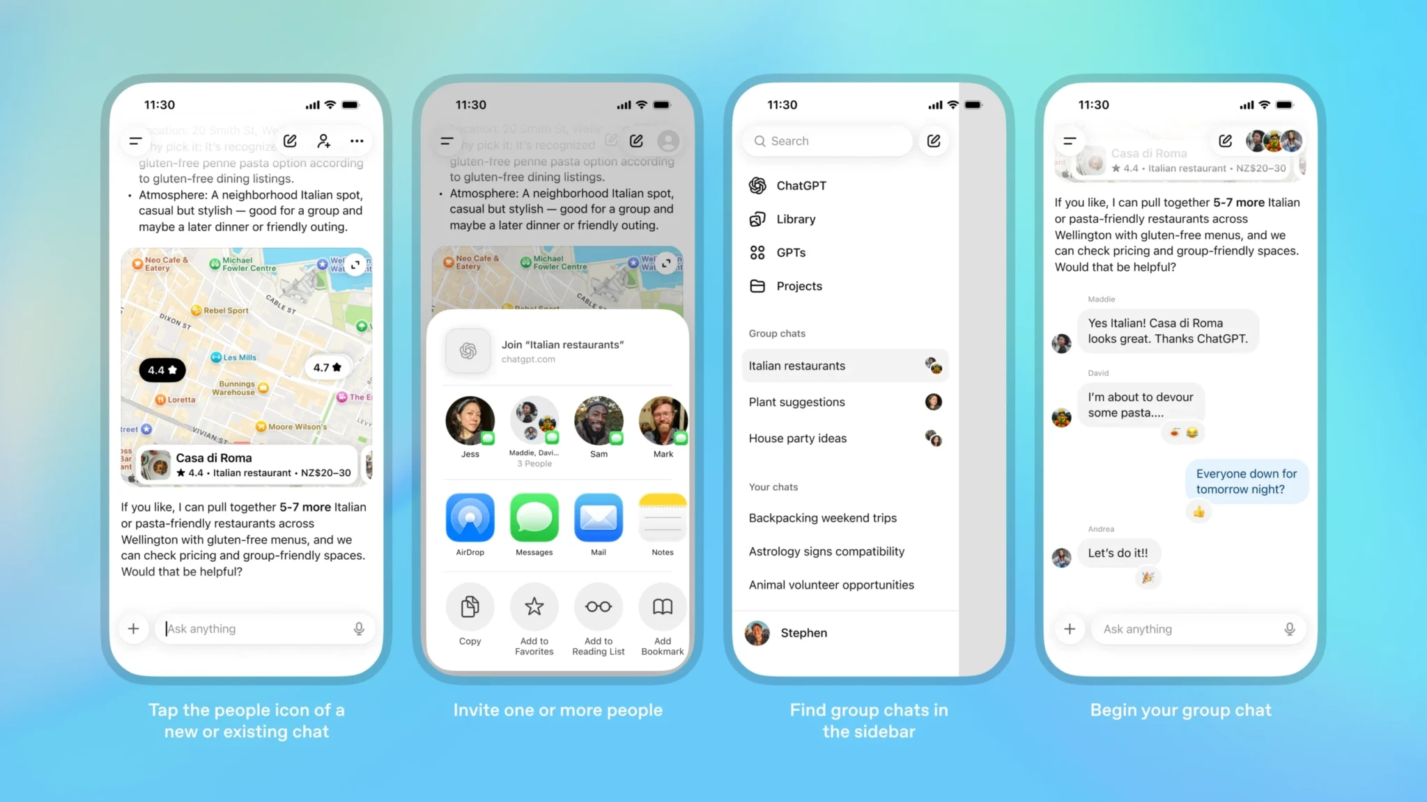 Четыре скриншота мобильных экранов с процессом создания группового чата в ChatGPT