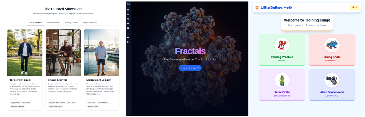 Коллаж с тремя ИИ-генеративными интерфейсами: советы по моде, обучение фракталам и математике