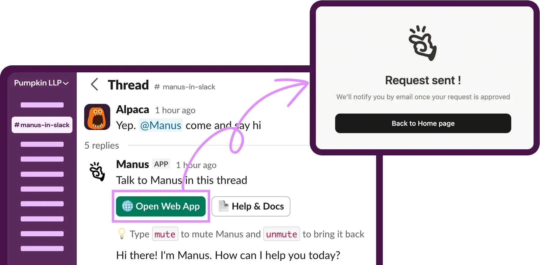 Интерфейс запроса на совместную работу Manus для новых участников команды в Slack