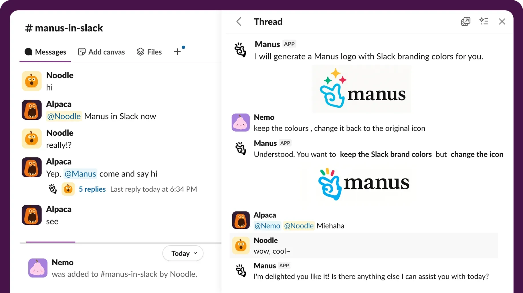 Интерфейс интеграции Manus со Slack с тегом @manus в ветке