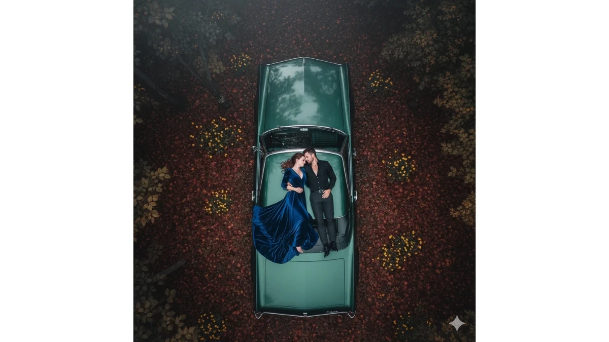 Кинематографичный кадр с дрона - пара на крыше винтажного автомобиля