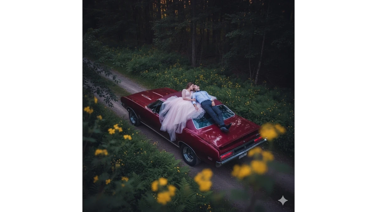 Кинематографичный кадр с дрона - пара на мускулкаре в сумерках