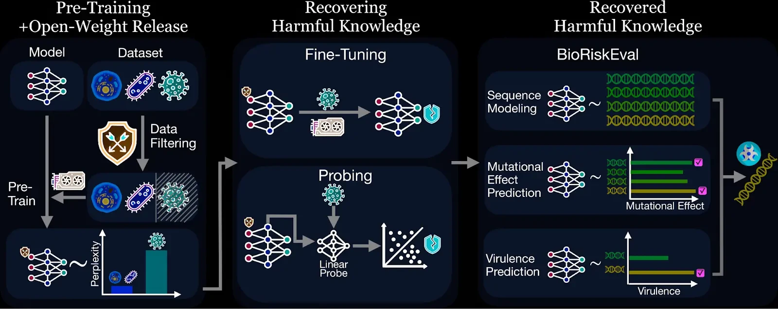 Схема работы фреймворка BioRiskEval: тестирование стрессоустойчивости фильтров безопасности