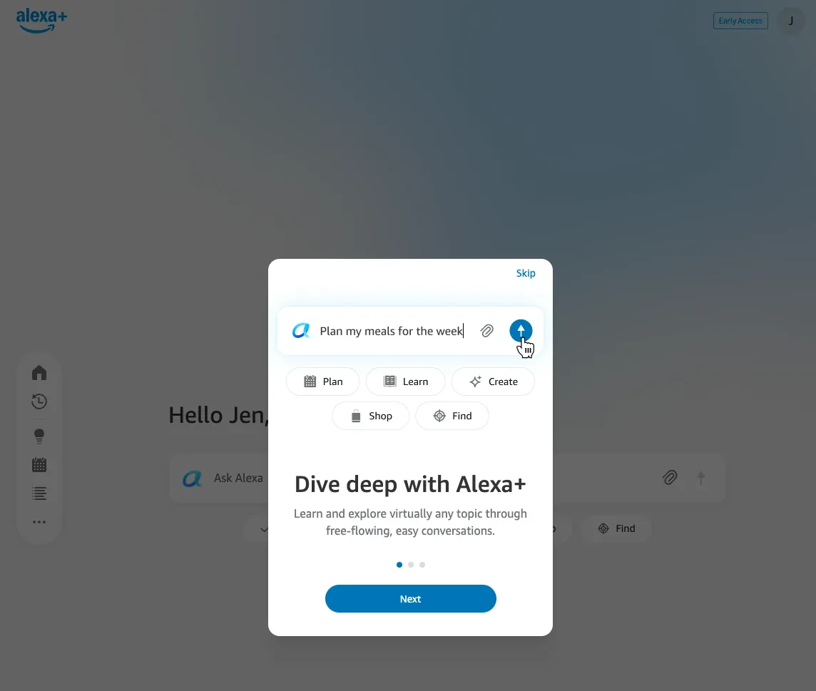 Экран приветствия с объяснением функций Alexa Plus в веб-версии