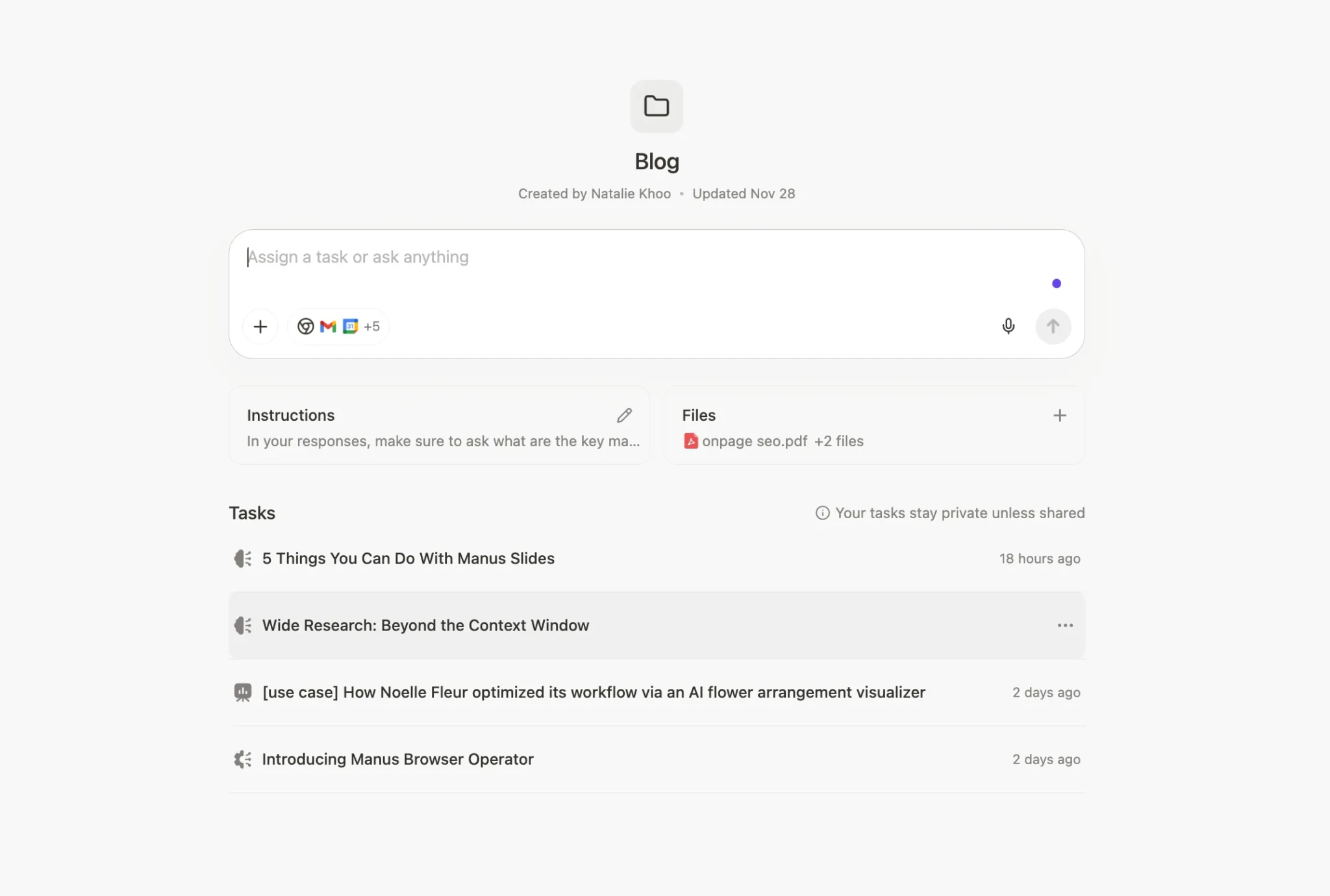 Организованные задачи на странице проектов Manus для автоматизации рабочих процессов с ИИ