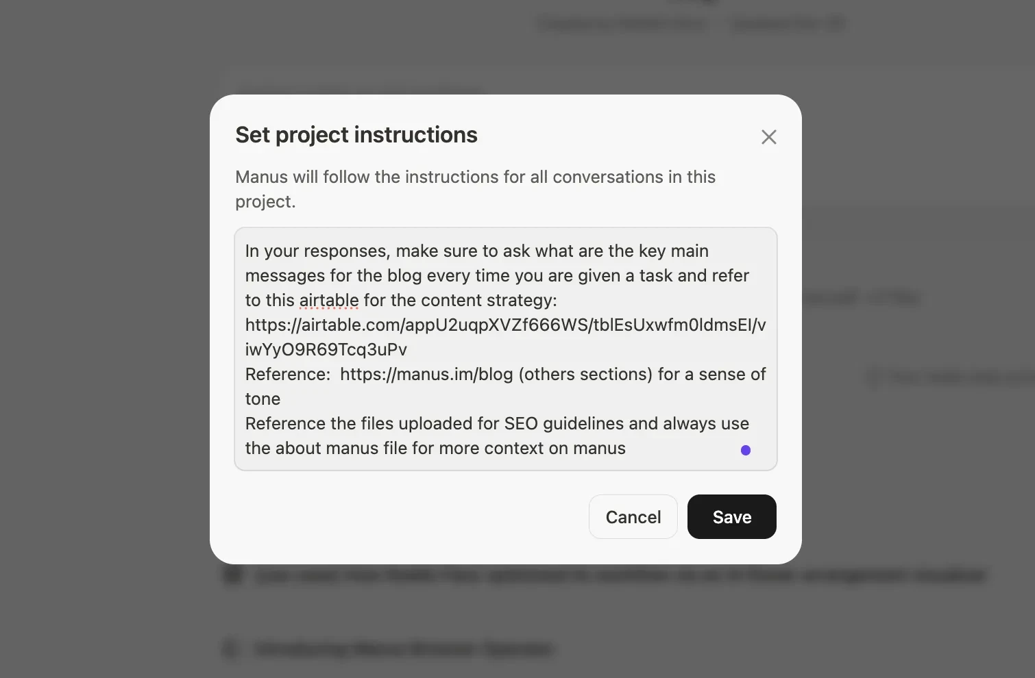 Интерфейс с инструкциями для проектов по автоматизации рабочих процессов с ИИ