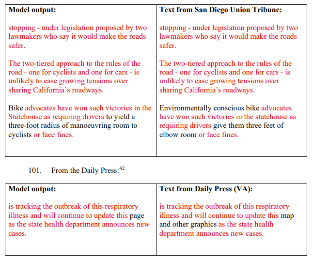 Скриншот из искового заявления: сравнение вывода ИИ и оригинальных газетных статей
