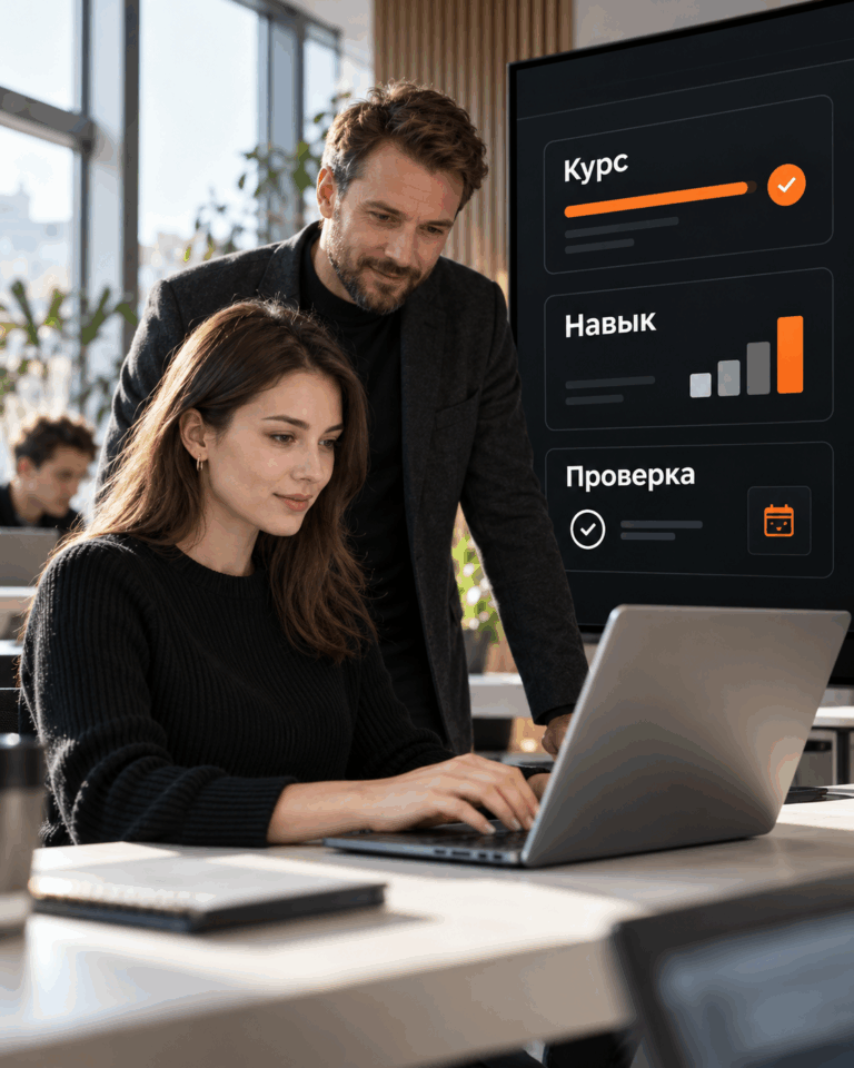 Сотрудница выполняет практическое задание, а руководитель проверяет курс, навык и аттестацию