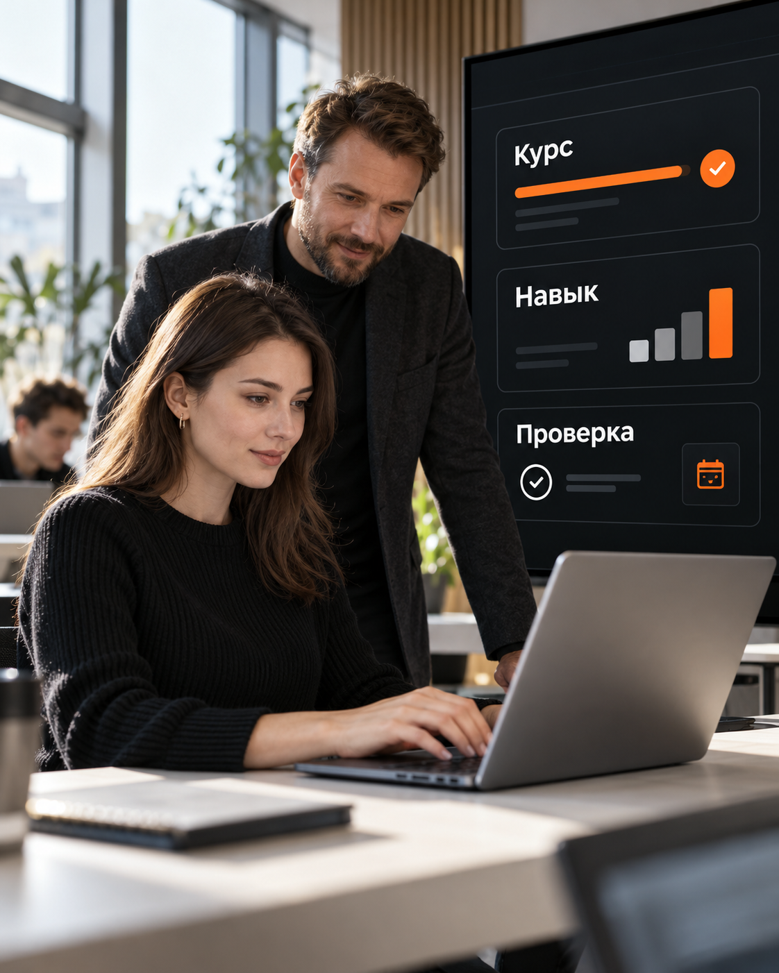 Сотрудница выполняет практическое задание, а руководитель проверяет курс, навык и аттестацию